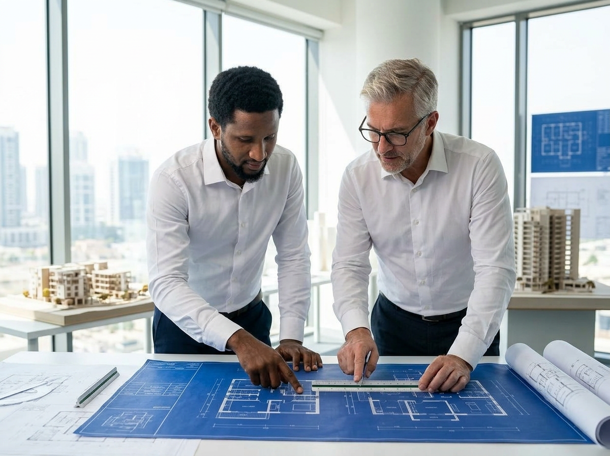 Architects reviewing blueprints