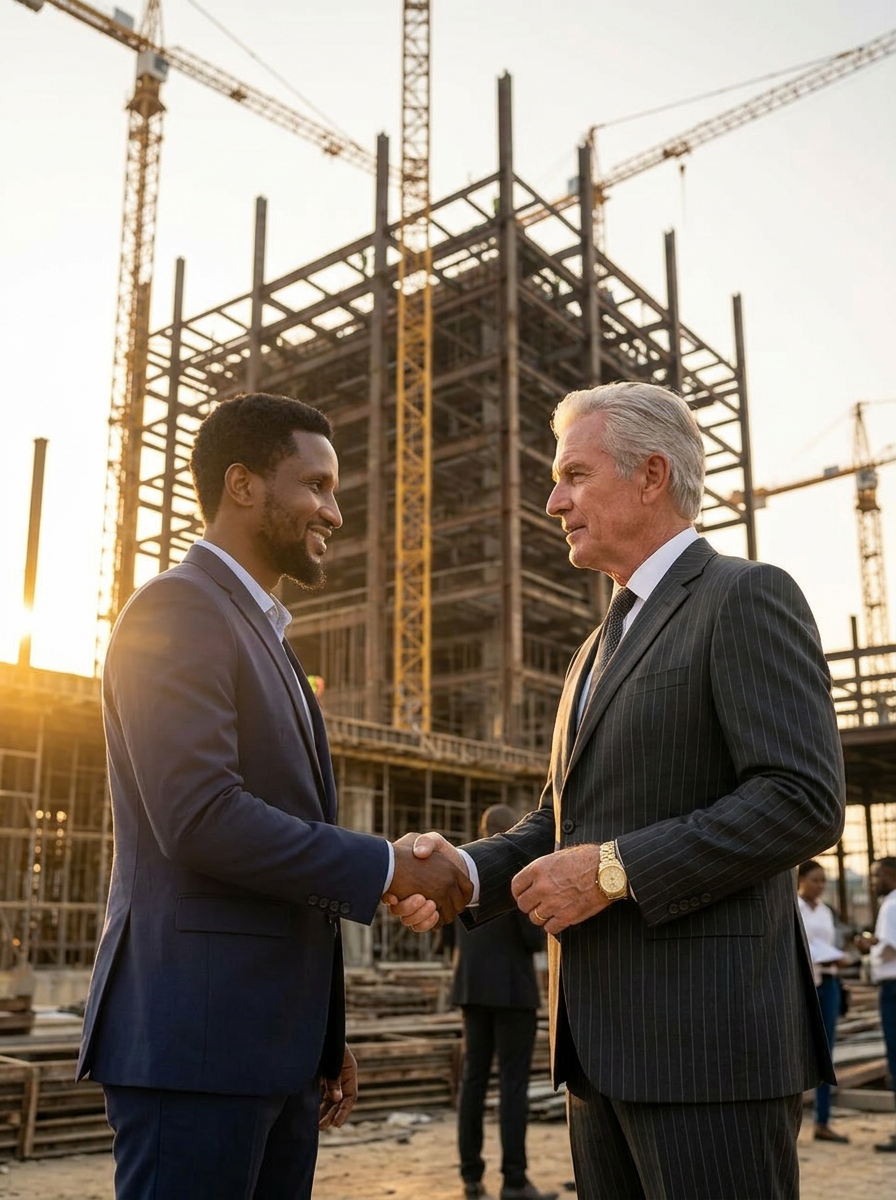 Anu Abraham closing a deal with a major investor on a Lagos construction site