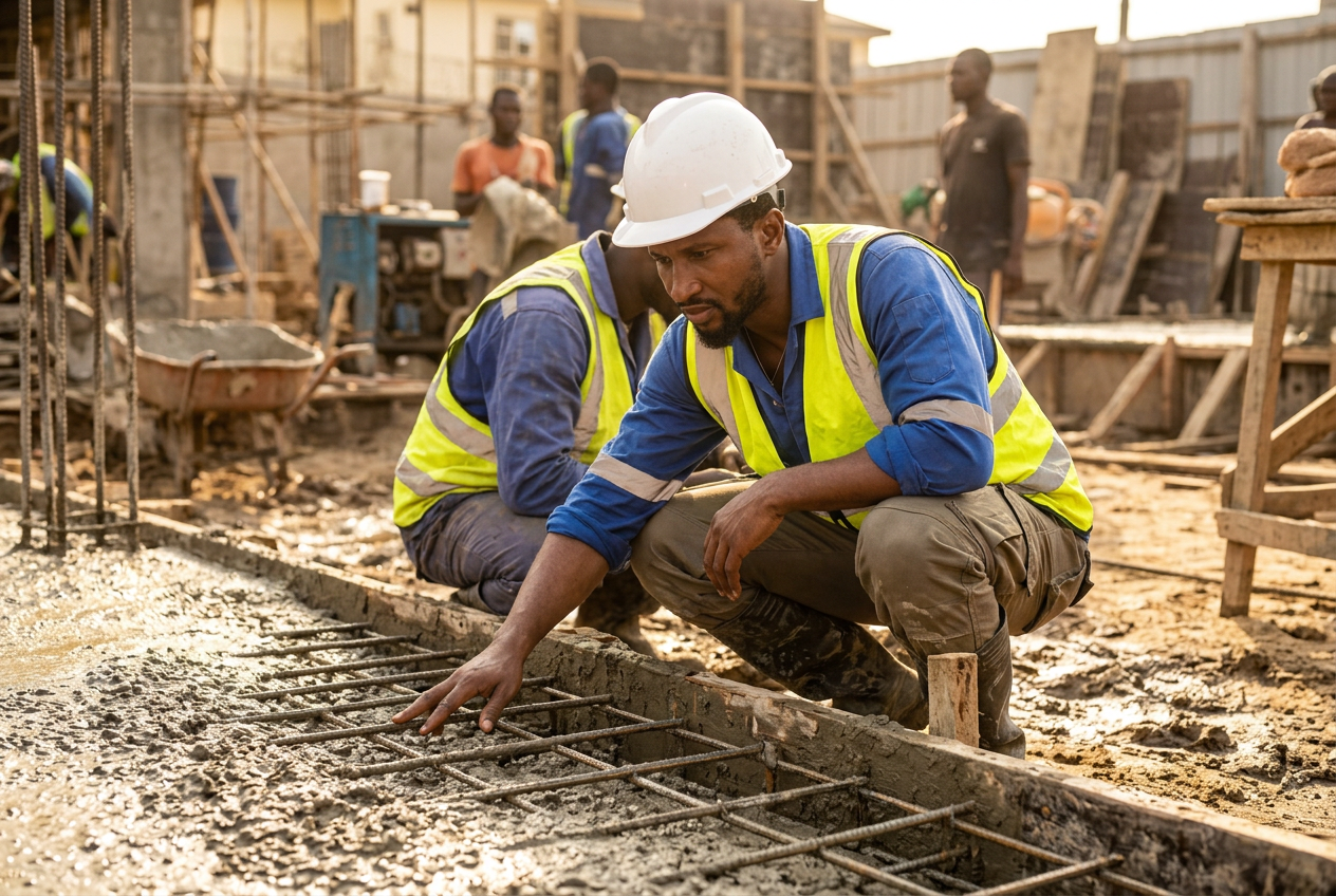 Inspecting foundation rebar and concrete pour quality.