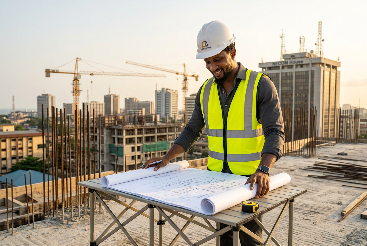 Reviewing structural drawings on-site at sunset.